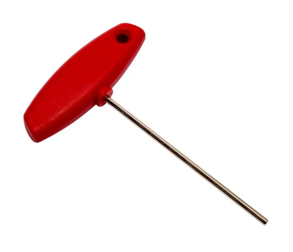 Rot-griffiger Innensechskantschlüssel mit metallener Stange, verwendet für die Einstellung der Produkte von IMI Hydronic Engineering.